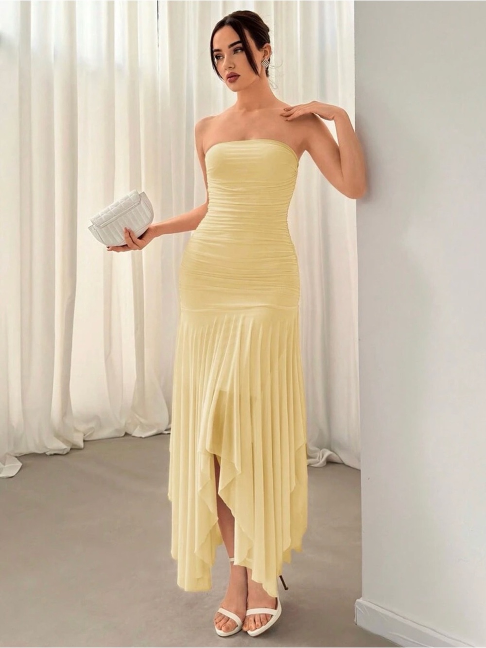 Strapless Yellow Ruched High-Low Dress